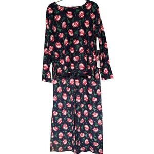Nordstrom Rack Pajama Set Womens Large Navy Fleece Santa Christmas Trees Print
